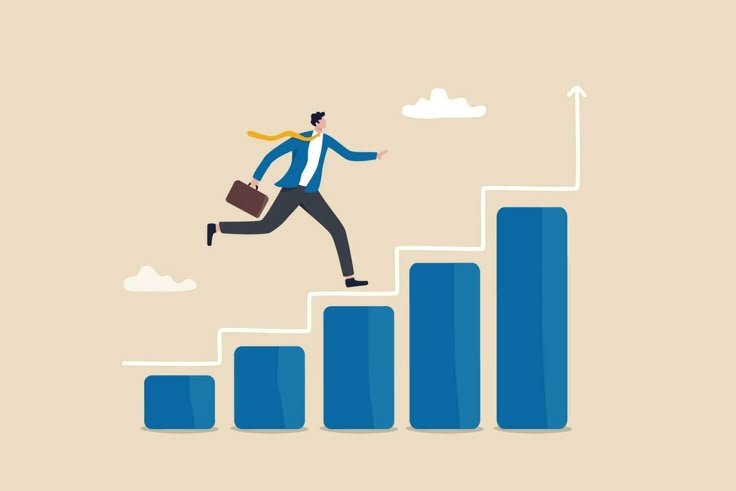progress or improvement to success, step forward to grow business, journey to achieve goal, ambition or career path concept, businessman walk up growth chart and graph with stair to success
